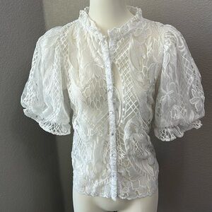 Story On All Over White Lace Puff Sleeve Ruffle Neck Blouse Top Large